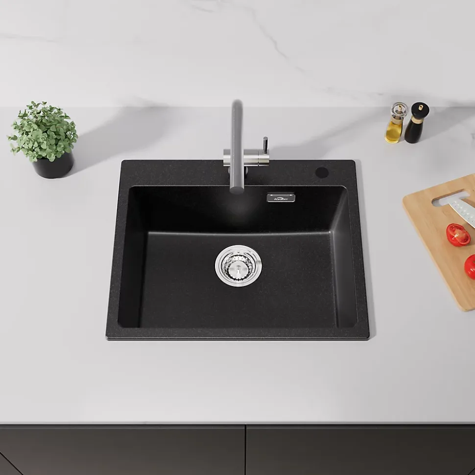 Évier Cuisine 1 Bac en Granit 55cm, Kit de Vidage, Évier Cuisine Encastré, Trous de Montage pour Robinet/Distributeur Savon, Noir