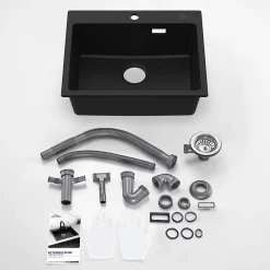 Évier Cuisine 1 Bac en Granit 55cm, Kit de Vidage, Évier Cuisine Encastré, Trous de Montage pour Robinet/Distributeur Savon, Noir
