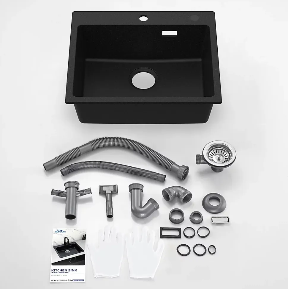 Évier Cuisine 1 Bac en Granit 55cm, Kit de Vidage, Évier Cuisine Encastré, Trous de Montage pour Robinet/Distributeur Savon, Noir