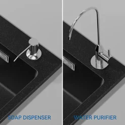 Évier Cuisine 1 Bac en Granit 55cm, Kit de Vidage, Évier Cuisine Encastré, Trous de Montage pour Robinet/Distributeur Savon, Noir