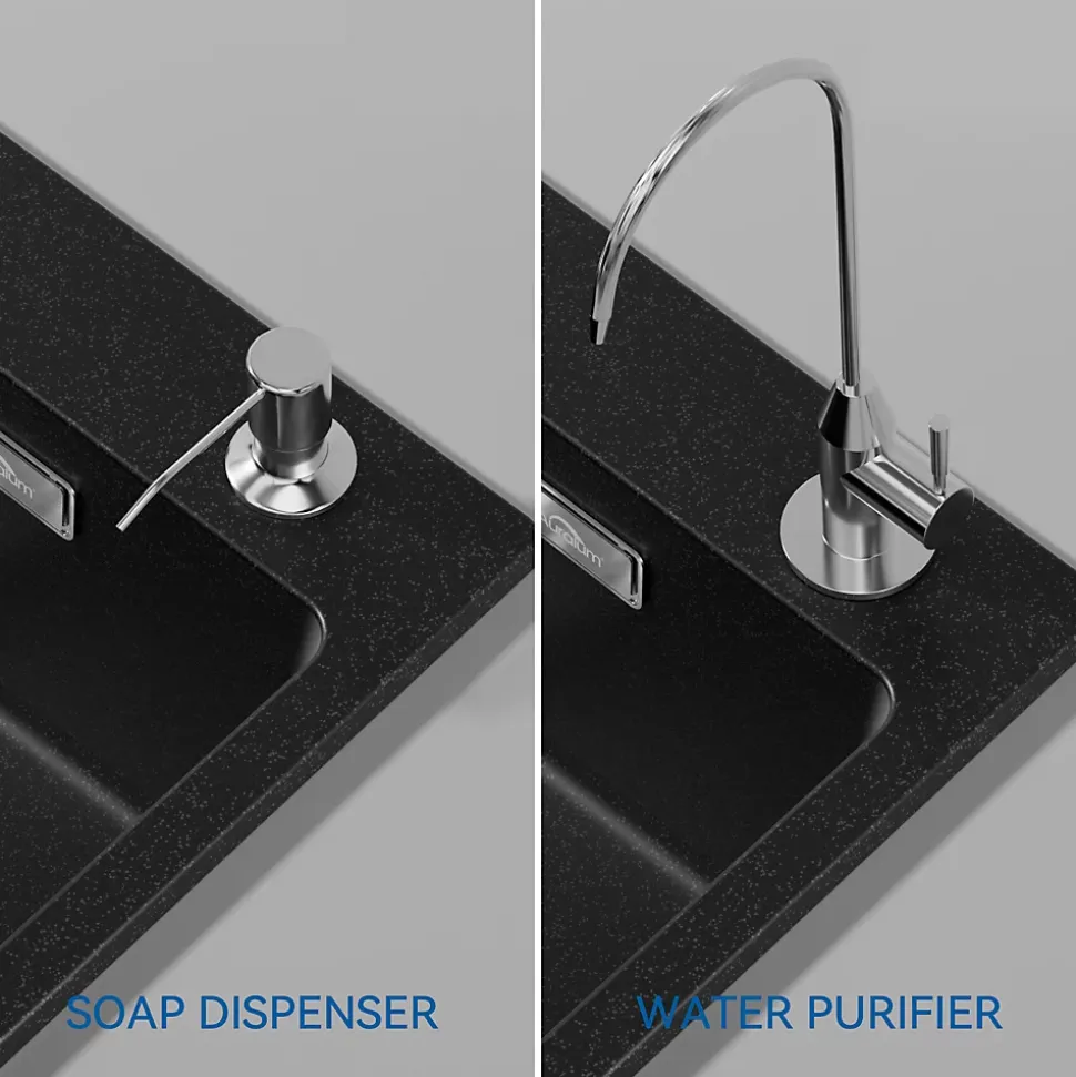 Évier Cuisine 1 Bac en Granit 55cm, Kit de Vidage, Évier Cuisine Encastré, Trous de Montage pour Robinet/Distributeur Savon, Noir