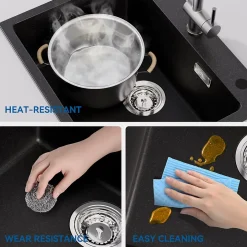 Évier Cuisine 1 Bac en Granit 55cm, Kit de Vidage, Évier Cuisine Encastré, Trous de Montage pour Robinet/Distributeur Savon, Noir