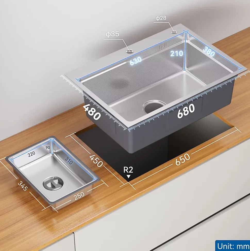 Évier Cuisine 68 cm , Évier en inox, Évier 1 Bac avec Kit de Vidage, Évier à Encastrer ou Supérieur