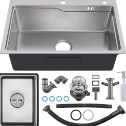 Évier Cuisine 68 cm , Évier en inox, Évier 1 Bac avec Kit de Vidage, Évier à Encastrer ou Supérieur