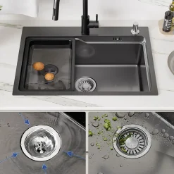 Évier Cuisine 68cm Noir, Évier en inox, Évier 1 Bac avec Kit de Vidage, Évier à Encastrer ou Supérieur