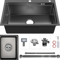 Évier Cuisine 68cm Noir, Évier en inox, Évier 1 Bac avec Kit de Vidage, Évier à Encastrer ou Supérieur