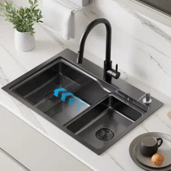 Évier Cuisine 68cm Noir, Évier en inox, Évier 1 Bac avec Kit de Vidage, Évier à Encastrer ou Supérieur