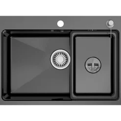 Évier Cuisine 68cm Noir, Évier en inox, Évier 1 Bac avec Kit de Vidage, Évier à Encastrer ou Supérieur