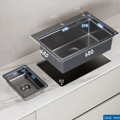 Évier Cuisine 68cm Noir, Évier en inox, Évier 1 Bac avec Kit de Vidage, Évier à Encastrer ou Supérieur