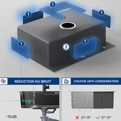 Évier Cuisine 68cm Noir, Évier en inox, Évier 1 Bac avec Kit de Vidage, Évier à Encastrer ou Supérieur