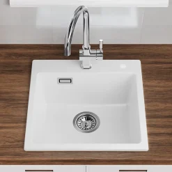 Évier Cuisine en Granit Blanc, CECIPA Max Évier à Encastrer 50 x 45cm ,Évier 1 Bac Noir , Kit de Vidage