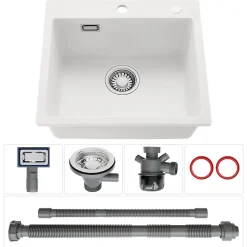 Évier Cuisine en Granit Blanc, CECIPA Max Évier à Encastrer 50 x 45cm ,Évier 1 Bac Noir , Kit de Vidage