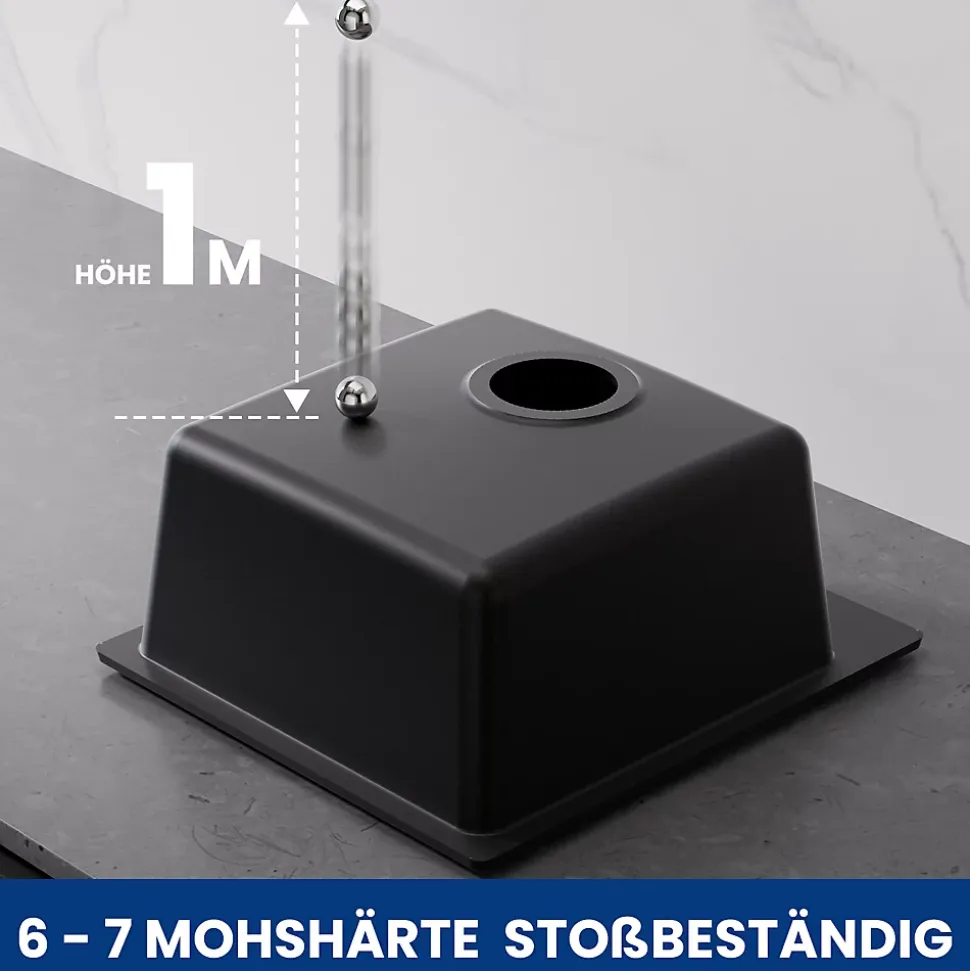 Évier Cuisine en Granit Noir, CECIPA Max Évier à Encastrer 40 x 45cm + Mitigeur Cuisine Noir ,Évier 1 Bac Noir , Kit de Vidage