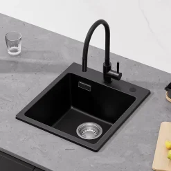Évier Cuisine en Granit Noir, CECIPA Max Évier à Encastrer 40 x 45cm + Mitigeur Cuisine Noir ,Évier 1 Bac Noir , Kit de Vidage
