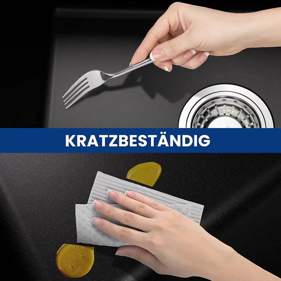 Évier Cuisine en Granit Noir, CECIPA Max Évier à Encastrer 40 x 45cm + Mitigeur Cuisine Noir ,Évier 1 Bac Noir , Kit de Vidage