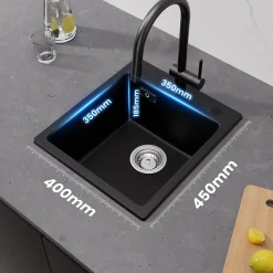 Évier Cuisine en Granit Noir, CECIPA Max Évier à Encastrer 40 x 45cm + Mitigeur Cuisine Noir ,Évier 1 Bac Noir , Kit de Vidage