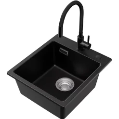 Évier Cuisine en Granit Noir, CECIPA Max Évier à Encastrer 40 x 45cm + Mitigeur Cuisine Noir ,Évier 1 Bac Noir , Kit de Vidage