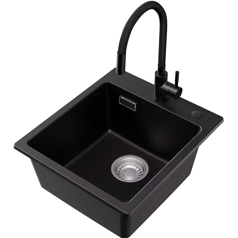 Évier Cuisine en Granit Noir, CECIPA Max Évier à Encastrer 40 x 45cm + Mitigeur Cuisine Noir ,Évier 1 Bac Noir , Kit de Vidage