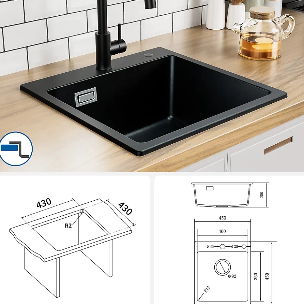 Évier Cuisine en Granit Noir, Auralum Max Évier à Encastrer 45 x 45cm ,Évier 1 Bac Noir , Kit de Vidage