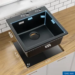 Évier Cuisine en Granit Noir, Auralum Max Évier à Encastrer 45 x 45cm ,Évier 1 Bac Noir , Kit de Vidage