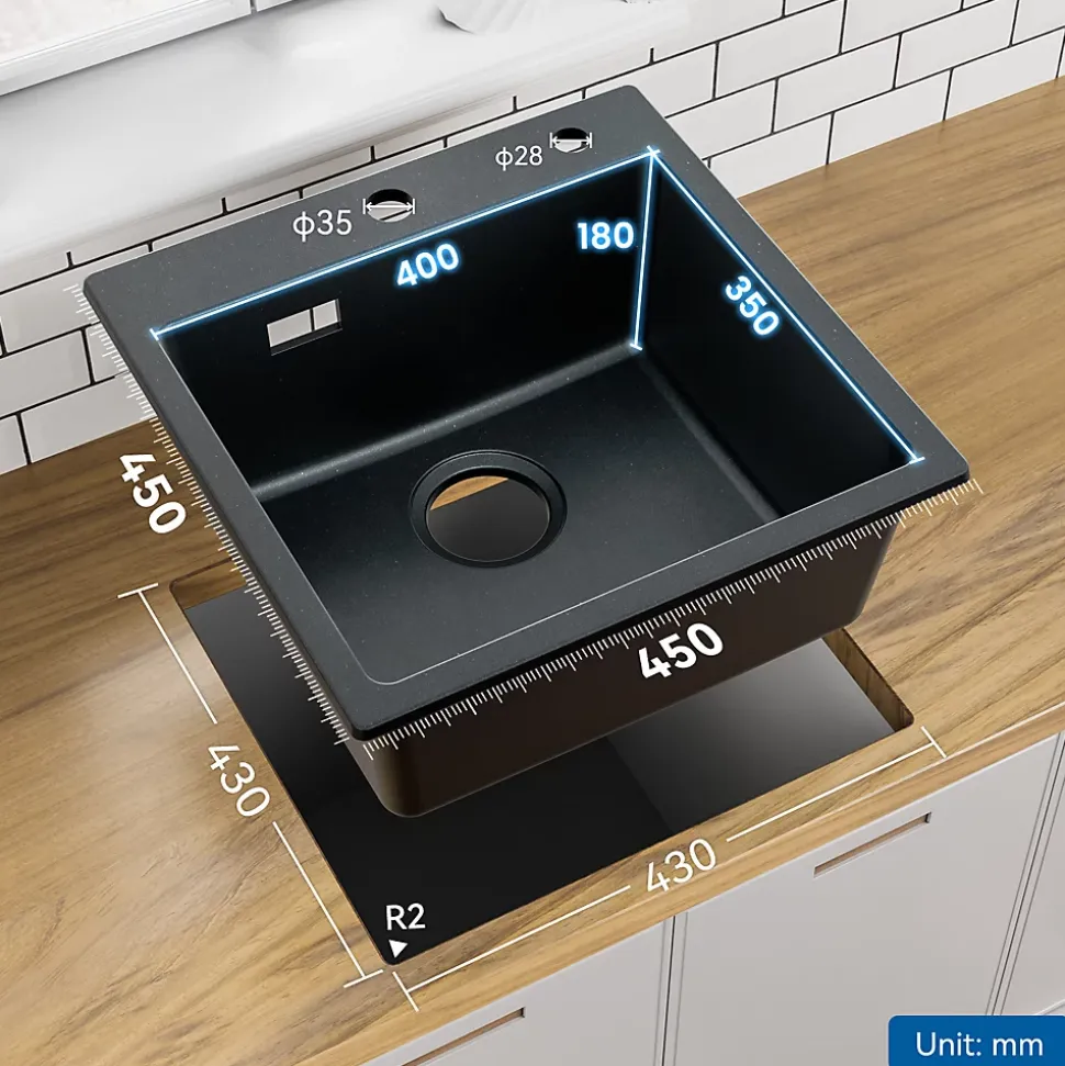 Évier Cuisine en Granit Noir, Auralum Max Évier à Encastrer 45 x 45cm ,Évier 1 Bac Noir , Kit de Vidage