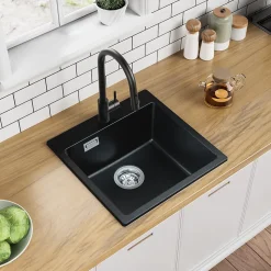 Évier Cuisine en Granit Noir, Auralum Max Évier à Encastrer 45 x 45cm ,Évier 1 Bac Noir , Kit de Vidage