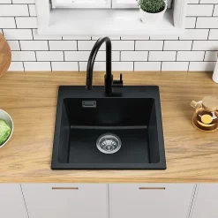 Évier Cuisine en Granit Noir, Auralum Max Évier à Encastrer 45 x 45cm ,Évier 1 Bac Noir , Kit de Vidage