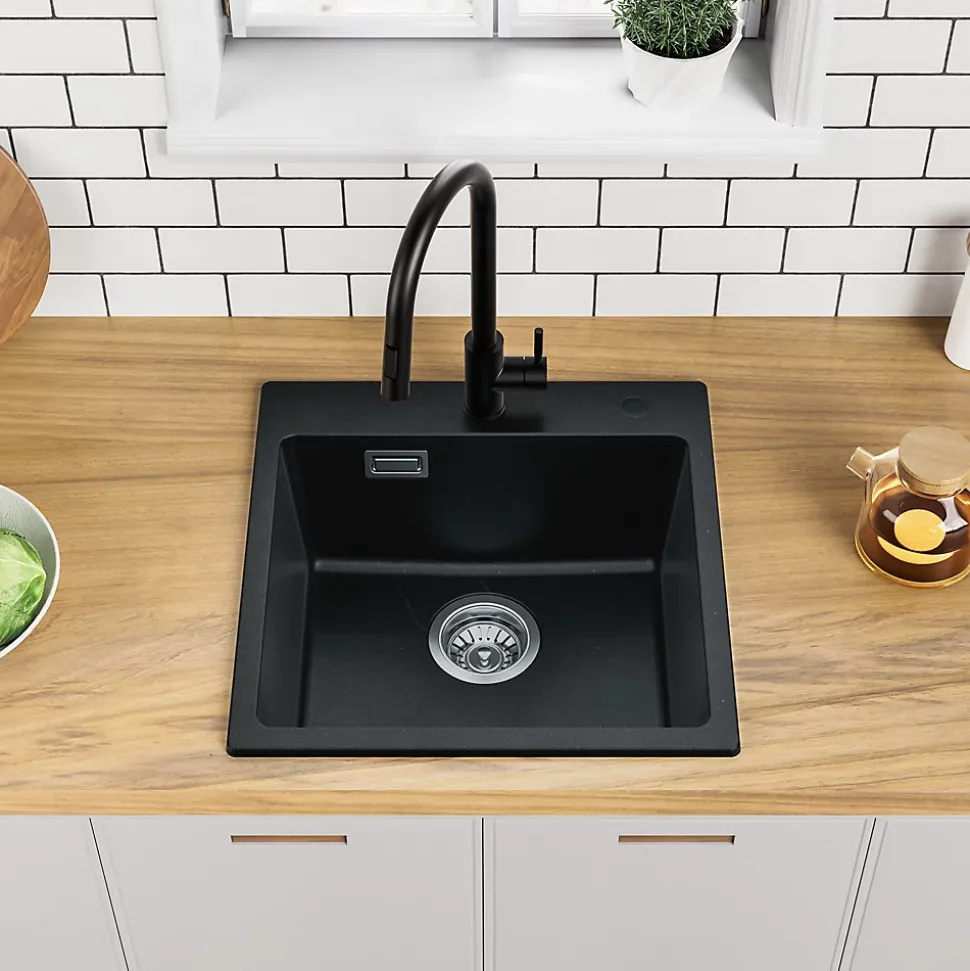 Évier Cuisine en Granit Noir, Auralum Max Évier à Encastrer 45 x 45cm ,Évier 1 Bac Noir , Kit de Vidage