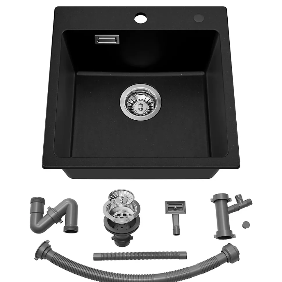 Évier Cuisine en Granit Noir, Auralum Max Évier à Encastrer 45 x 45cm ,Évier 1 Bac Noir , Kit de Vidage