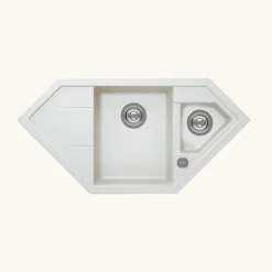 Évier d'angle granit blanc LOKTI 1 bac et demi - 1 égouttoir