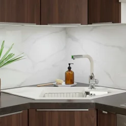 Évier d'angle granit blanc LOKTI 1 bac et demi - 1 égouttoir