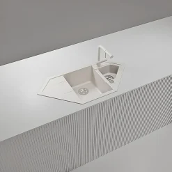 Évier d'angle granit blanc LOKTI 1 bac et demi - 1 égouttoir