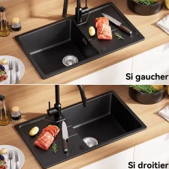 Évier de Cuisine 78 cm, Cecipa MAX Évier en Granit Noir , Évier 1 Bac avec Panier de Drainage