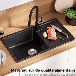 Évier de Cuisine 78 cm, Cecipa MAX Évier en Granit Noir , Évier 1 Bac avec Panier de Drainage