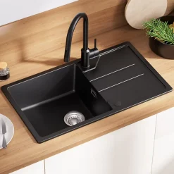 Évier de Cuisine 78 cm, Cecipa MAX Évier en Granit Noir , Évier 1 Bac avec Panier de Drainage