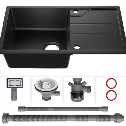 Évier de Cuisine 78 cm, Cecipa MAX Évier en Granit Noir , Évier 1 Bac avec Panier de Drainage