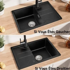 Évier de Cuisine 65 cm, SOFETIY MAX Évier en Granit Noir , Évier 1 Bac avec Panier de Drainage