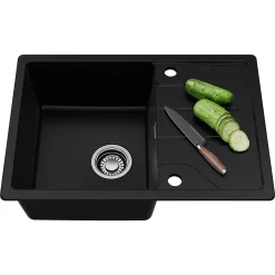 Évier de Cuisine 65 cm, SOFETIY MAX Évier en Granit Noir , Évier 1 Bac avec Panier de Drainage