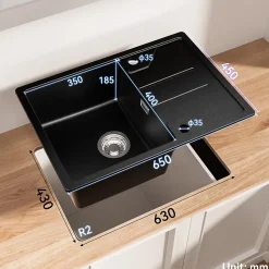 Évier de Cuisine 65 cm, SOFETIY MAX Évier en Granit Noir , Évier 1 Bac avec Panier de Drainage