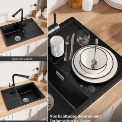 Évier de Cuisine 65 cm, SOFETIY MAX Évier en Granit Noir , Évier 1 Bac avec Panier de Drainage