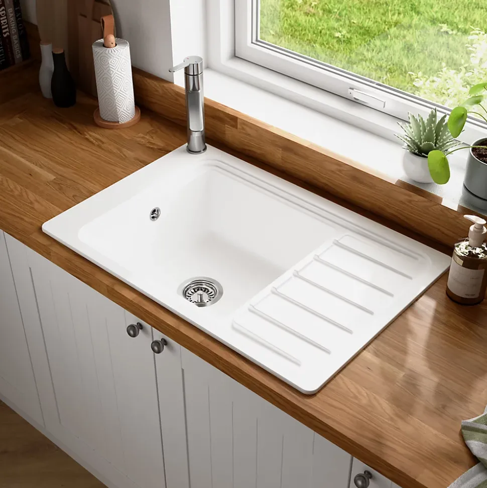 Évier de cuisine 1 cuve et 1 égouttoir en composite de quartz blanc mat avec accessoires Romesco GoodHome