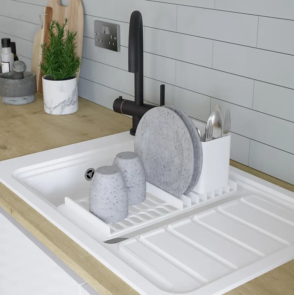 Évier de cuisine 1 cuve et 1 égouttoir en composite de quartz blanc mat avec accessoires Romesco GoodHome