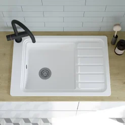 Évier de cuisine 1 cuve et 1 égouttoir en composite de quartz blanc mat avec accessoires Romesco GoodHome
