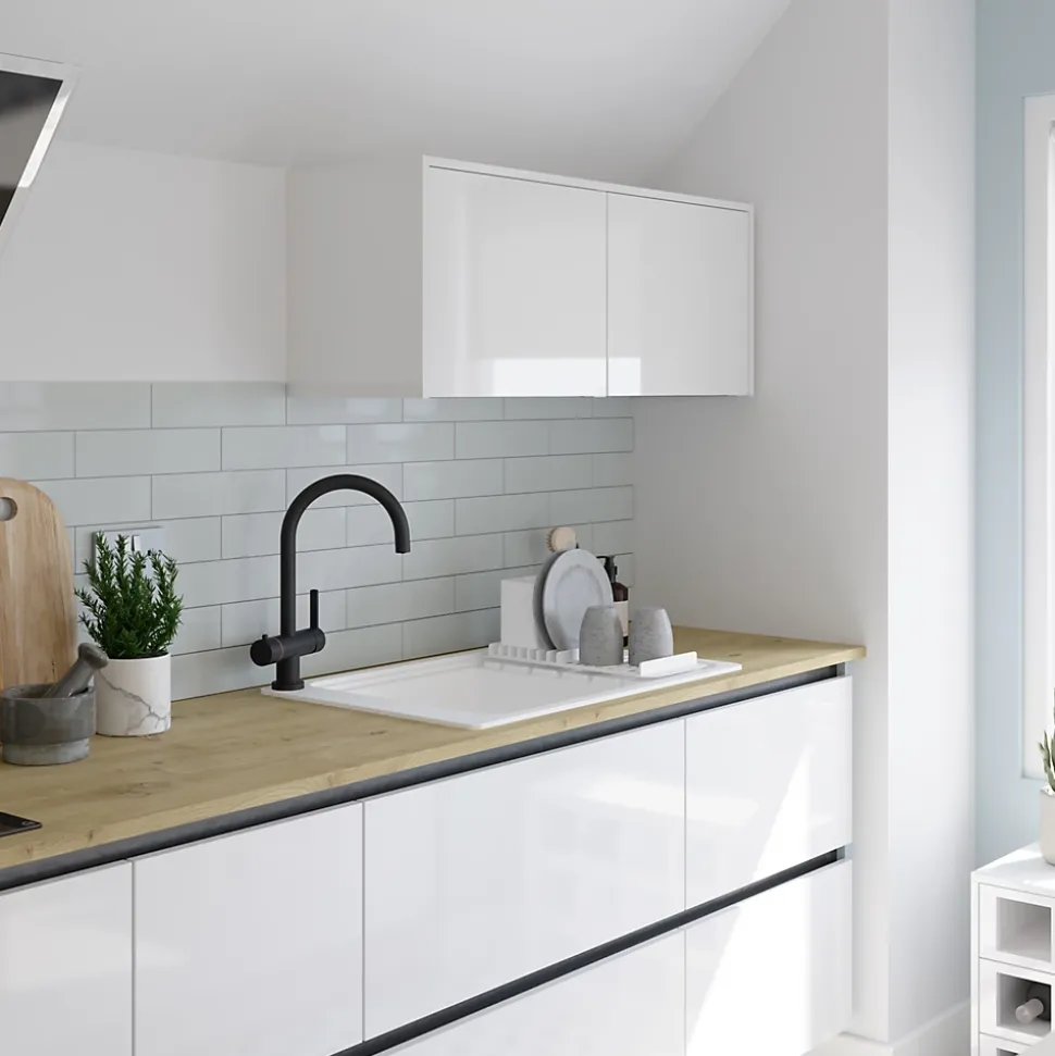 Évier de cuisine 1 cuve et 1 égouttoir en composite de quartz blanc mat avec accessoires Romesco GoodHome