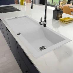 Évier de cuisine à encastrer 1 cuve bac en résine minérale blanc 86 x 50 cm