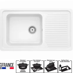 Évier de cuisine à encastrer 1 cuve bac en résine minérale blanc 86 x 50 cm