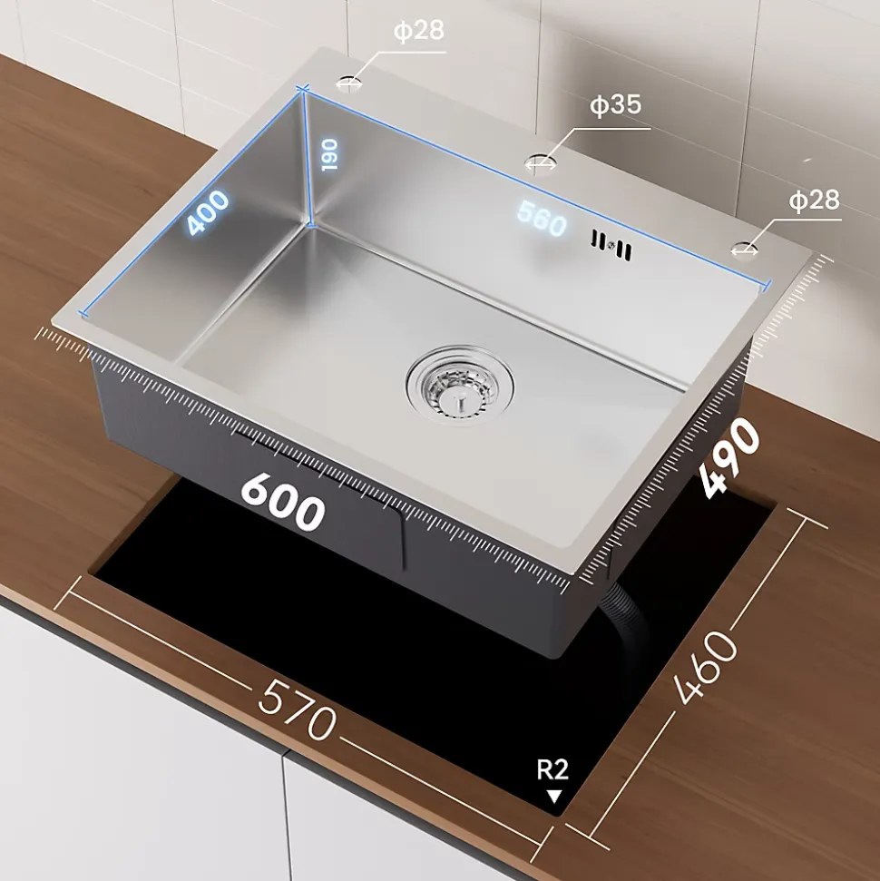 Évier de Cuisine 60 x 49 cm, Auralum MAX Évier en inox brossé, Évier 1 Bac Montage Encastré ou Supérieur