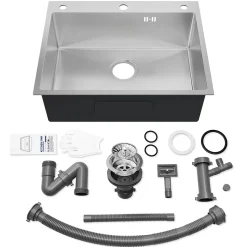 Évier de Cuisine 60 x 49 cm, Auralum MAX Évier en inox brossé, Évier 1 Bac Montage Encastré ou Supérieur