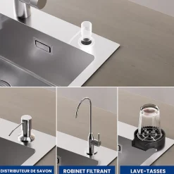 Évier de Cuisine 60 x 45 cm AVEC Mitigeur Cusine, CECIPA MAX Évier en inox , Évier 1 Bac Montage Encastré ou Supérieur