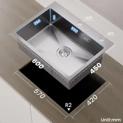 Évier de Cuisine 60 x 45 cm AVEC Mitigeur Cusine, CECIPA MAX Évier en inox , Évier 1 Bac Montage Encastré ou Supérieur